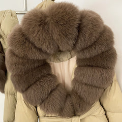 Beige coat with brown fur collar