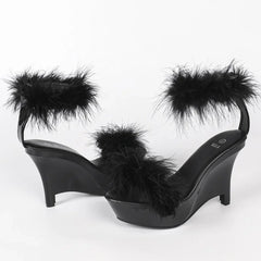 Feather Trim Wedge Platform Sandals