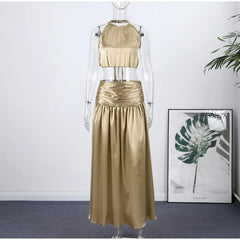 Golden High Neck Crop Top and Maxi Skirt Set