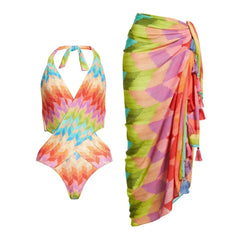 V-Neck Tie-Strap Swimsuit and Wrap Skirt Set