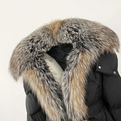 Black winter coat with a fur-lined hood on a light beige background