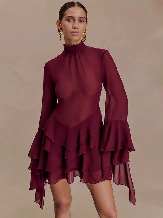 Sheer ruffle turtleneck mini dress front view