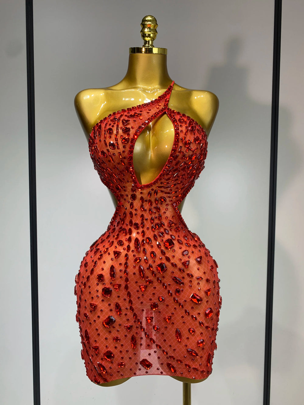 Red crystal embellished mini dress