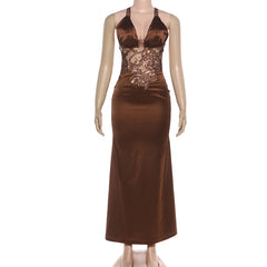 Deep V-neck Lace Patchwork Backless Satin Maxi Dress