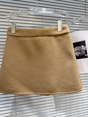 Black Short Coat With Brown Fur Trim And Short Scarf, And Brown Mini Skirt Set