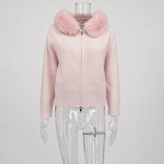 Hooded Faux Fur Trim Knit Jacket