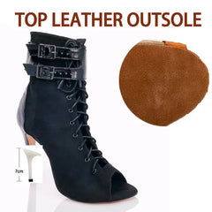 Black lace-up high-heeled boot with buckle details on a white background, featuring a brown outsole sample.