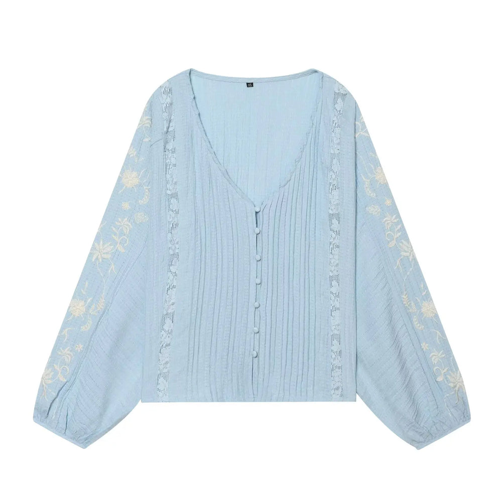 Embroidered V-Neck Pleated Blouse