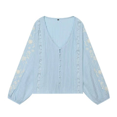 Embroidered V-Neck Pleated Blouse
