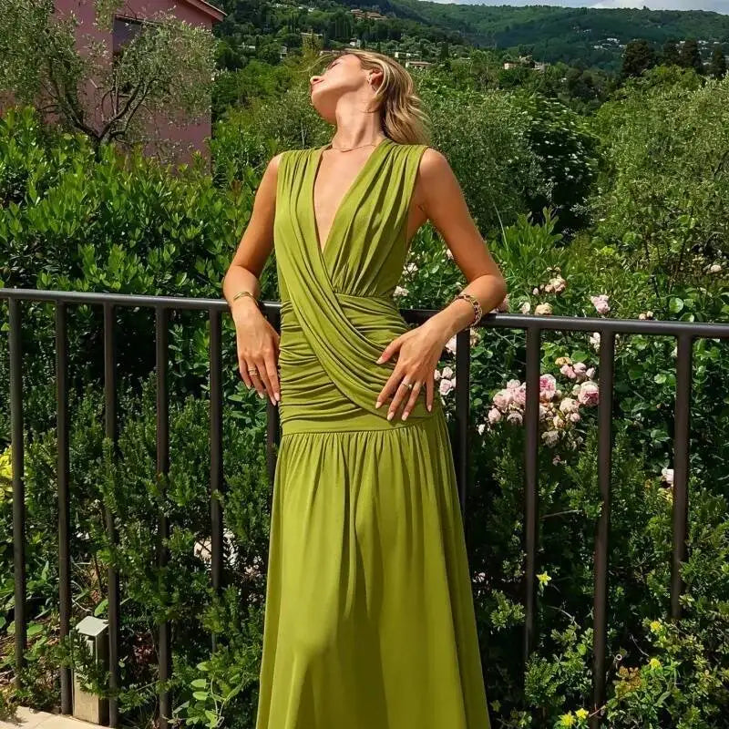Green draped v-neck maxi dress