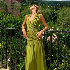 Green draped v-neck maxi dress