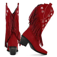 Back view of red fringe western boots with star embellishments and block heel.