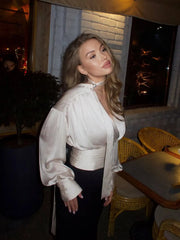 Ribbon Deep V-neck Satin Shirt