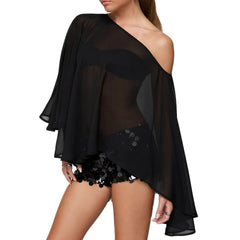 Black one-shoulder top with sheer overlay and lace details on a white background