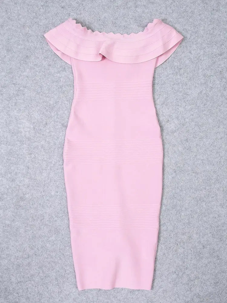 Pink off-shoulder dress on a gray background