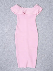 Pink off-shoulder dress on a gray background