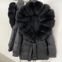 Gray puffer jacket with black fur collar
