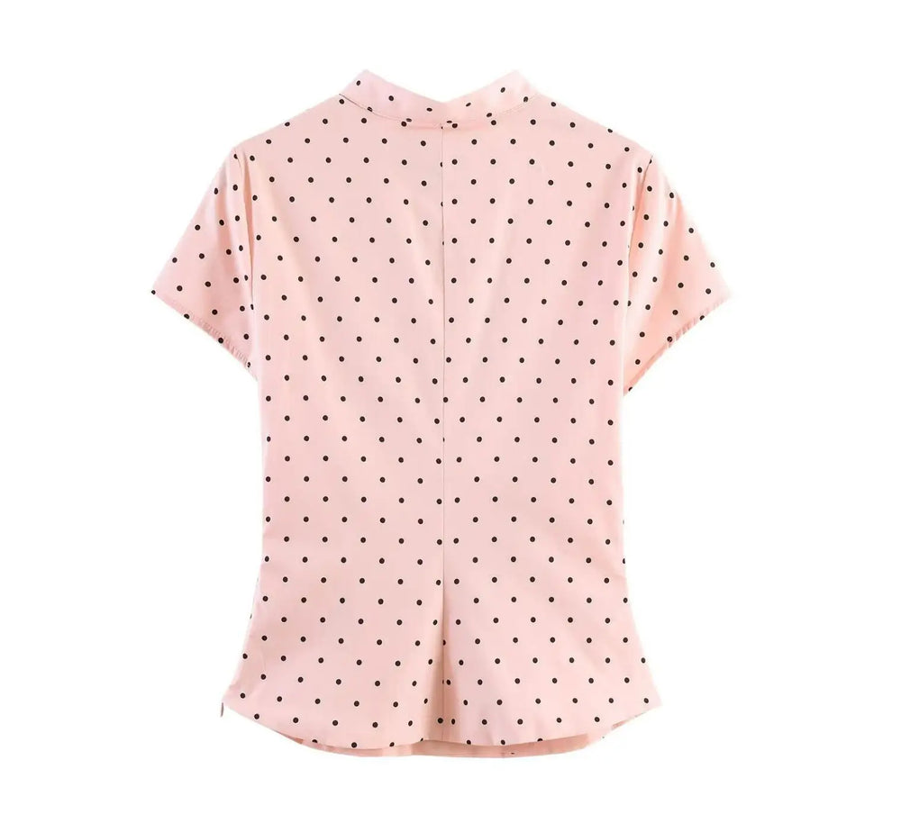 Pink polka dot cut-out stand collar blouse, back view