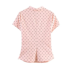 Pink polka dot cut-out stand collar blouse, back view