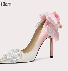 Pink Bow Crystal Stiletto Heels | Silk Butterfly-Knot Party Pumps
