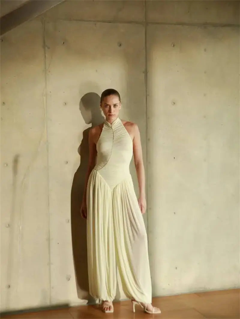 Light yellow ruched halter top and palazzo pants set