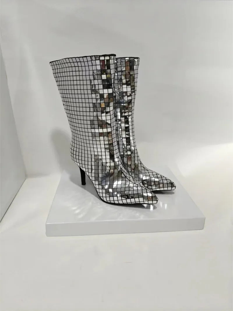 Crystal Sequin Pointed Toe Boots with a stiletto heel.