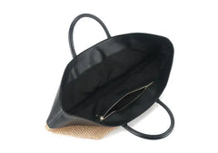 Straw and Leather Colorblock Tote Bag