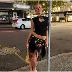 Embroidered Floral Fringe Mini Skirt