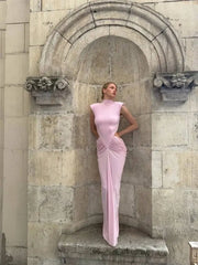 Cutout Ruched Mock Neck Sleeveless Maxi Dress