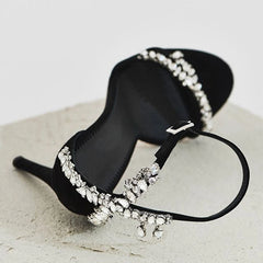 Close-up of embellished ankle strap stiletto heel
