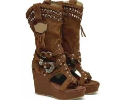 Studded Knee-High Metal Wedge Boots