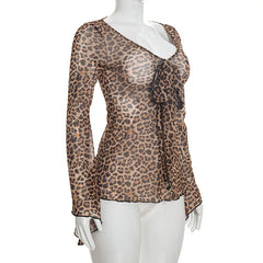 Mesh Print Tie Neck Long Sleeve Top