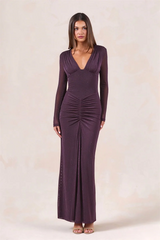 Ruched long sleeve maxi dress in purple