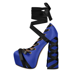 Blue high-heeled shoe with black ribbon and checkered pattern on a white background