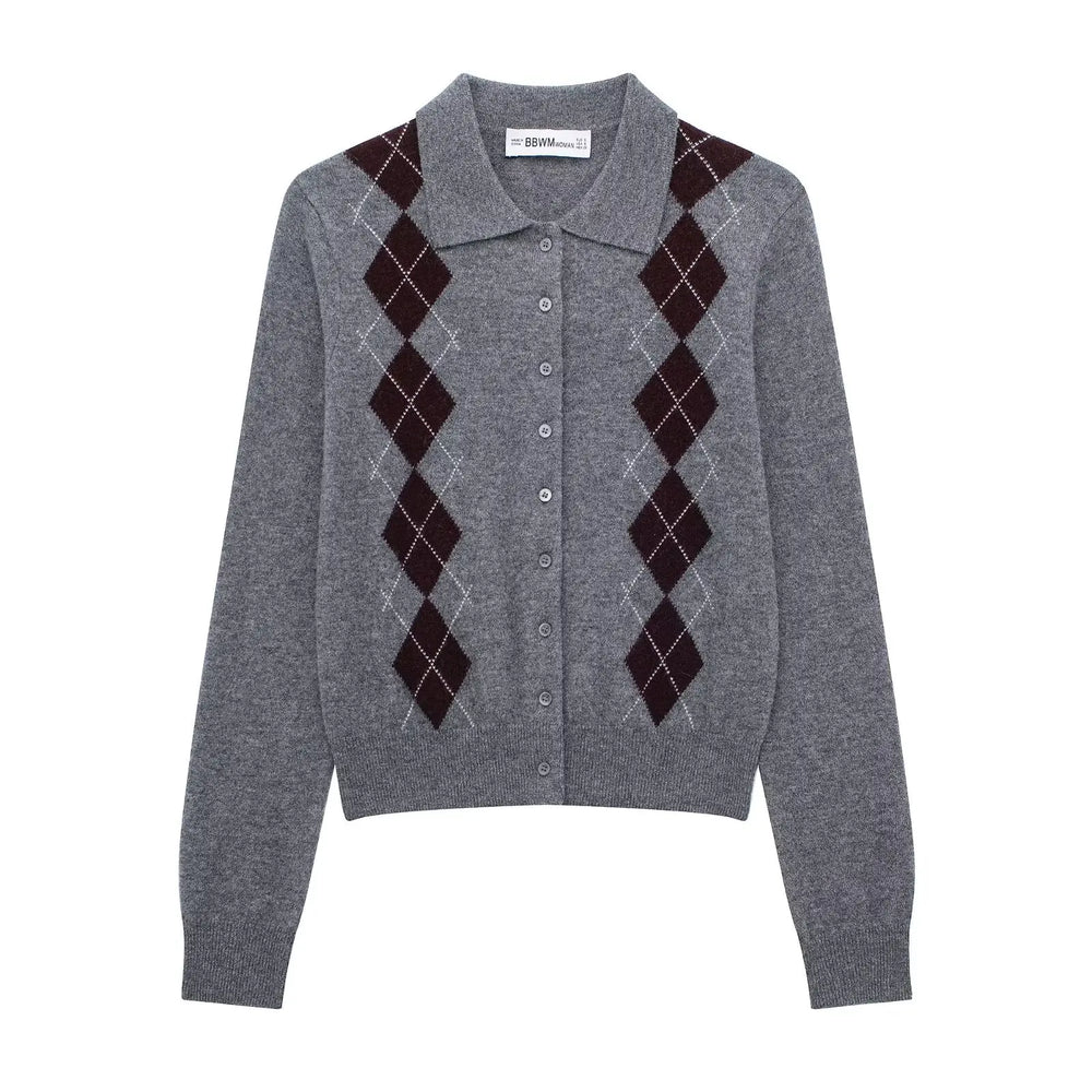 Gray cardigan with argyle pattern on a white background