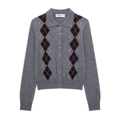 Gray cardigan with argyle pattern on a white background