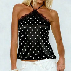 Black polka dot satin lace trim halter top