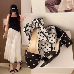 Polka Dot Scarf Bow Block Heel Sandals