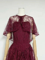 Lace Cape Sleeve Strapless Maxi Dress