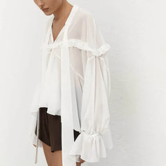 White Flounce V-Neck Flare Sleeve Ruffle Blouse