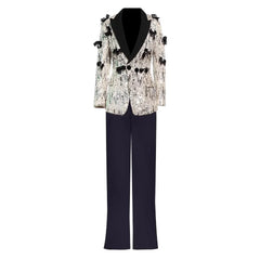 Sequined blazer with black lapels and matching pants on a white background
