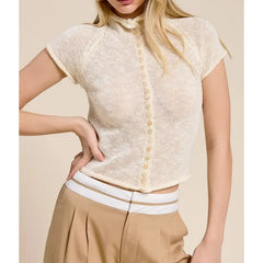 Button Decor Sheer Mock Neck Knit Top