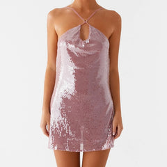 Halter Neck Sequin Cutout Mini Dress