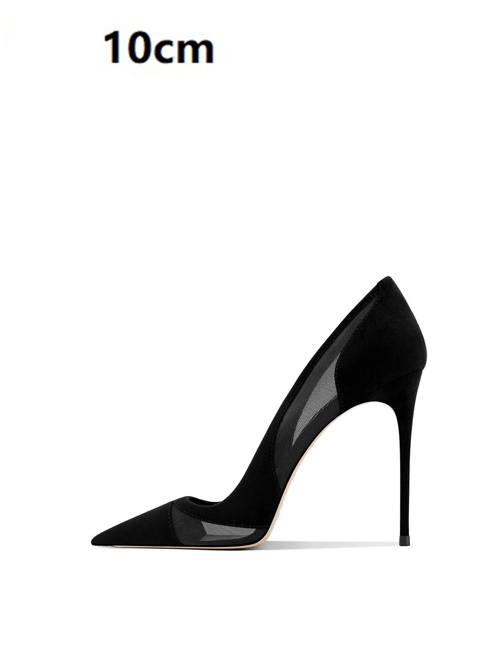 Black high-heeled shoe on a white background with text indicating heel height.