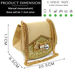 Gold handbag with chain strap and measurements on a white background