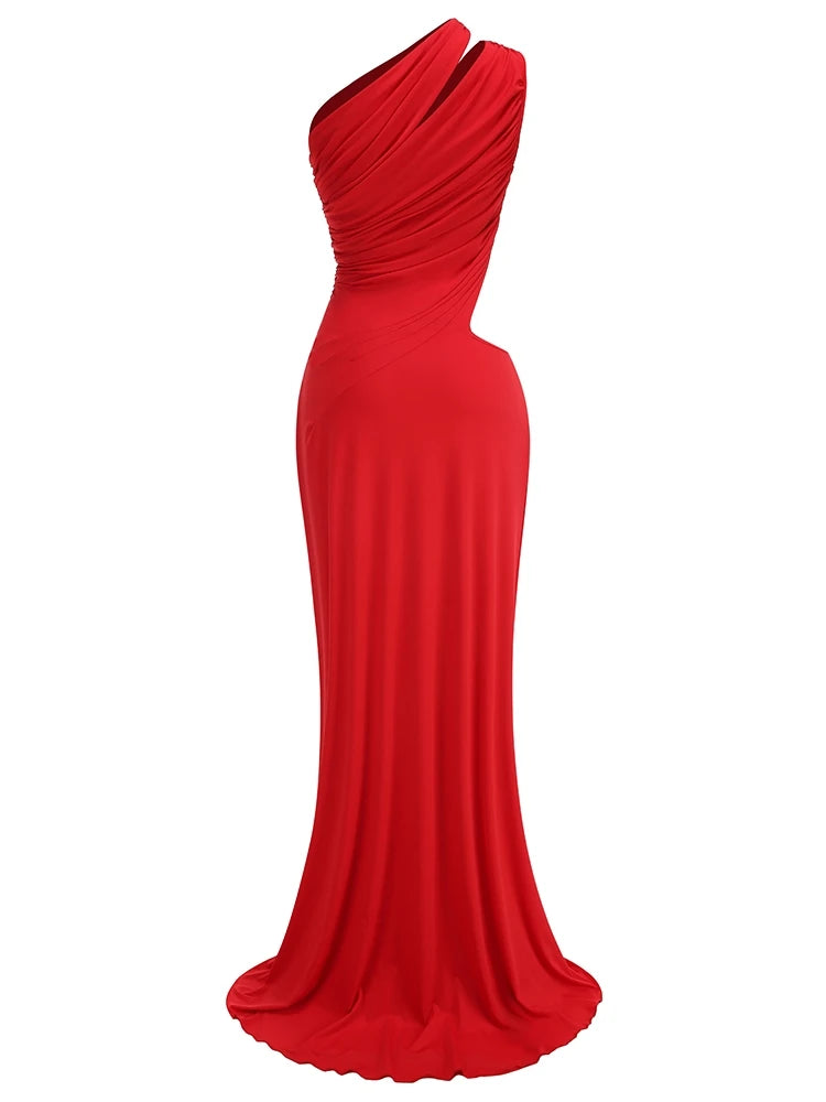 Red one-shoulder evening gown on a white background