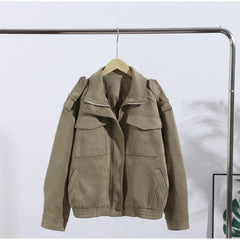 Stand Collar Suede Bomber Jacket
