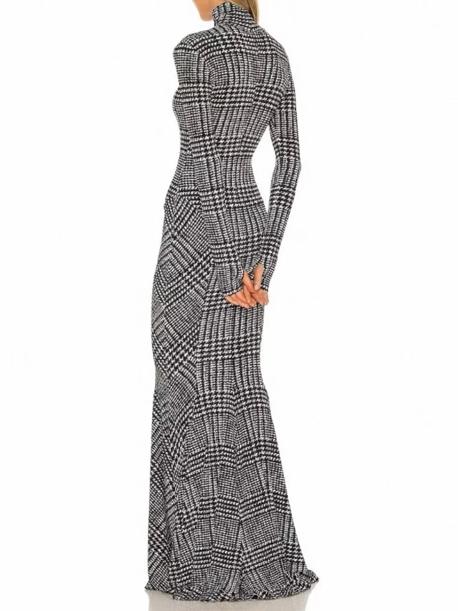 Patterned maxi dress with a structured high neckline