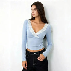 Lace Trim V-Neck Long Sleeve Top