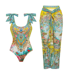 Yellow Print Ruffle Strap Swimwear Set